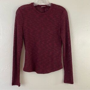 Free People Size Small Maroon Red & Black Ribbed Knit Scoop Neck Full Sleeve